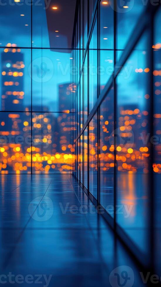 Urban skyline reflection captured during twilight in a modern building's corridor photo
