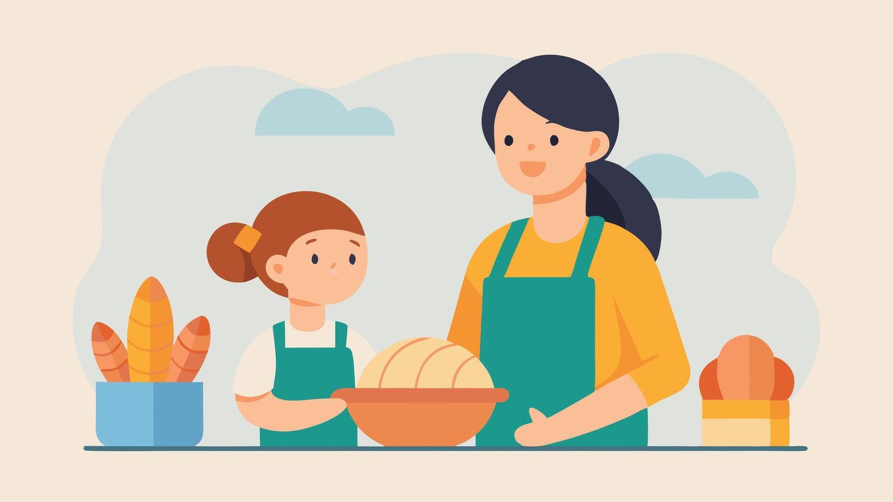 Mothers Day Flat Illustration of Mother and Daughter Baking Artisanal Bread in a Modern Kitchen vector