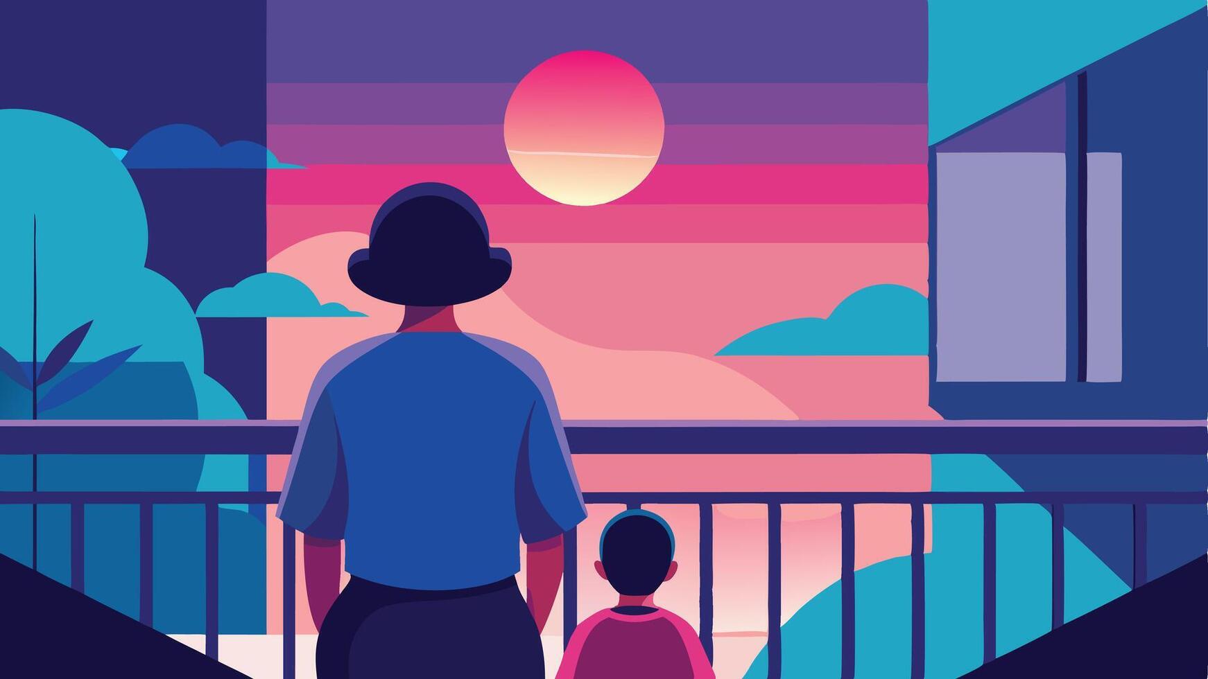 Flat Illustration Showing Mother and Child Gazing at a Vibrant Colorful Sunset from a Terrace vector
