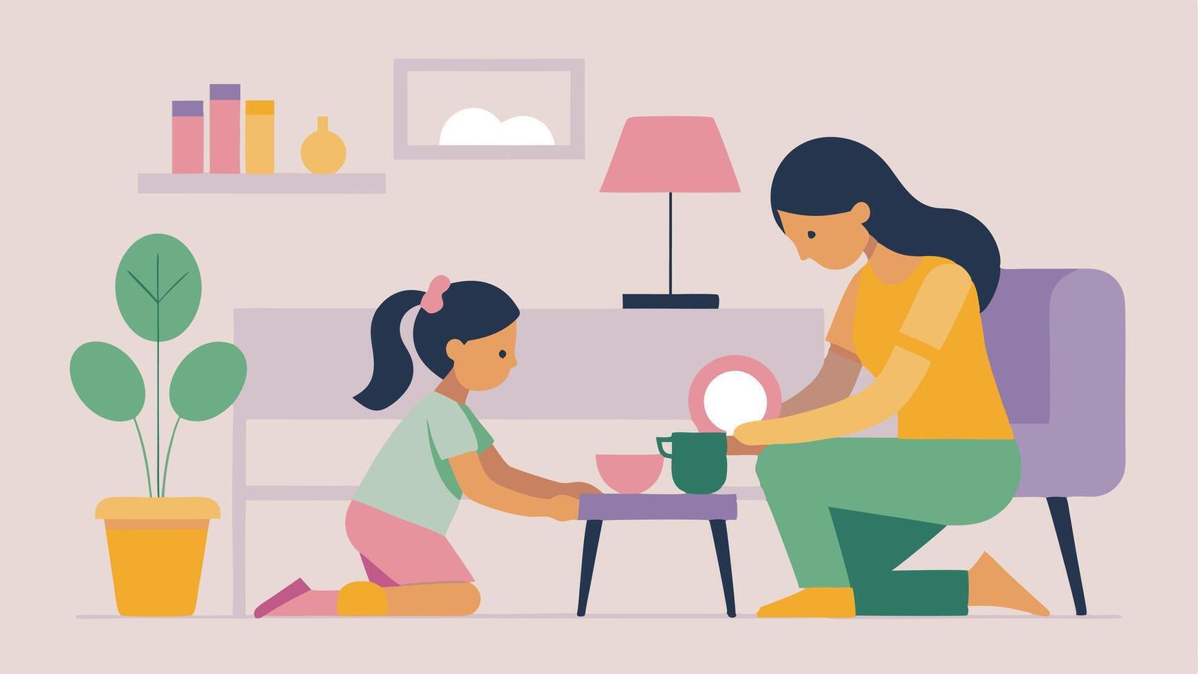 Mothers Day Flat Illustration of Mother and Daughter Decorating a Modern Living Room with Style vector