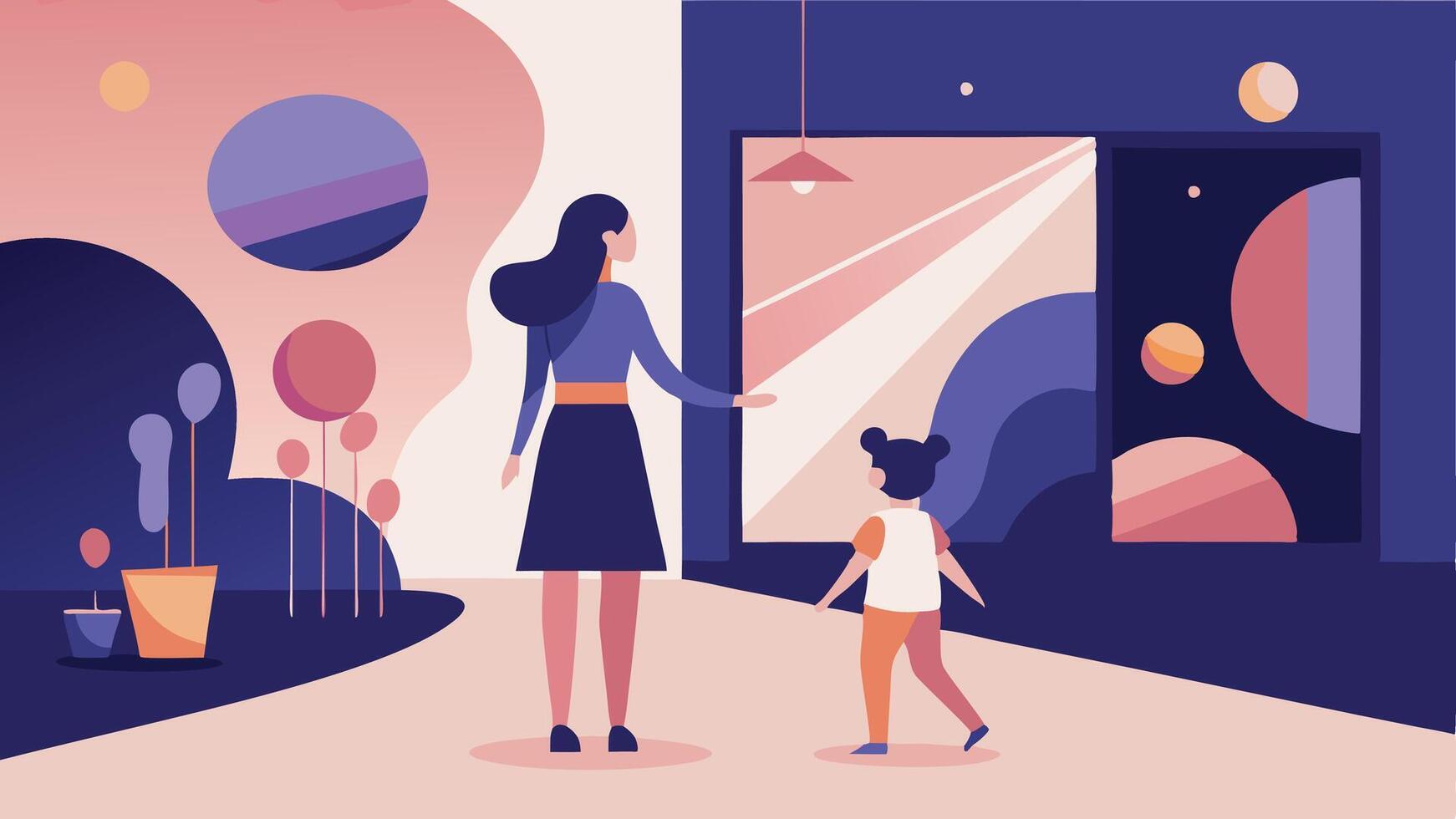 Flat Illustration Showing Mother and Daughter Immersed in a Contemporary Art Gallery Experience vector