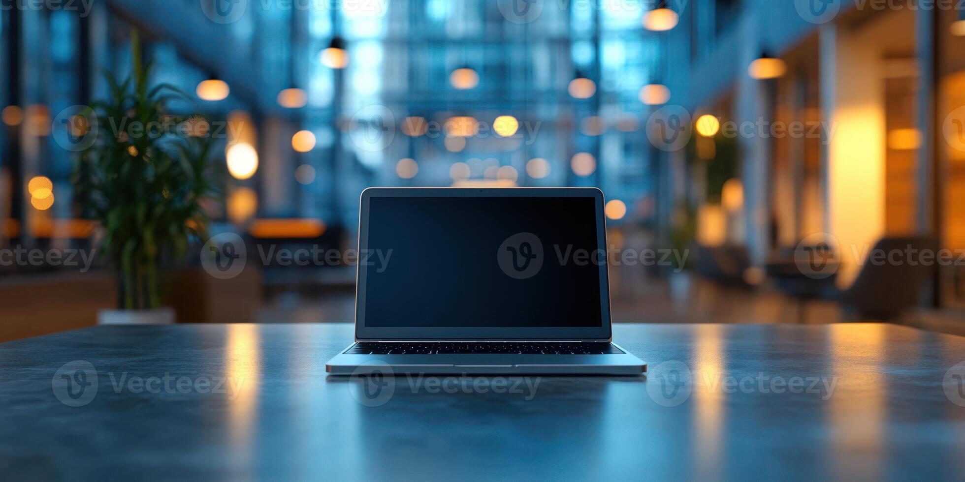 Laptop on a table in a modern co-working space during evening hours with ambient lighting photo