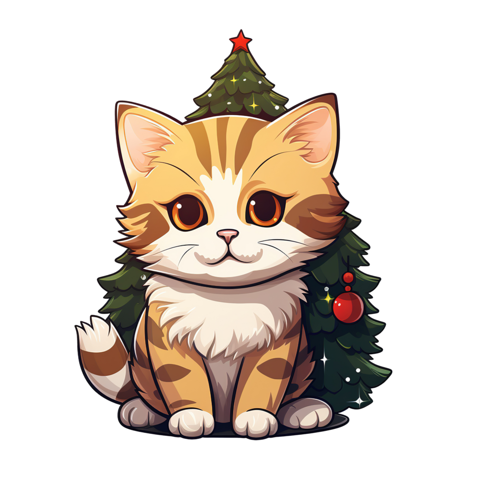 Little Cat with Christmas Tree Illustration on Transparent Background png