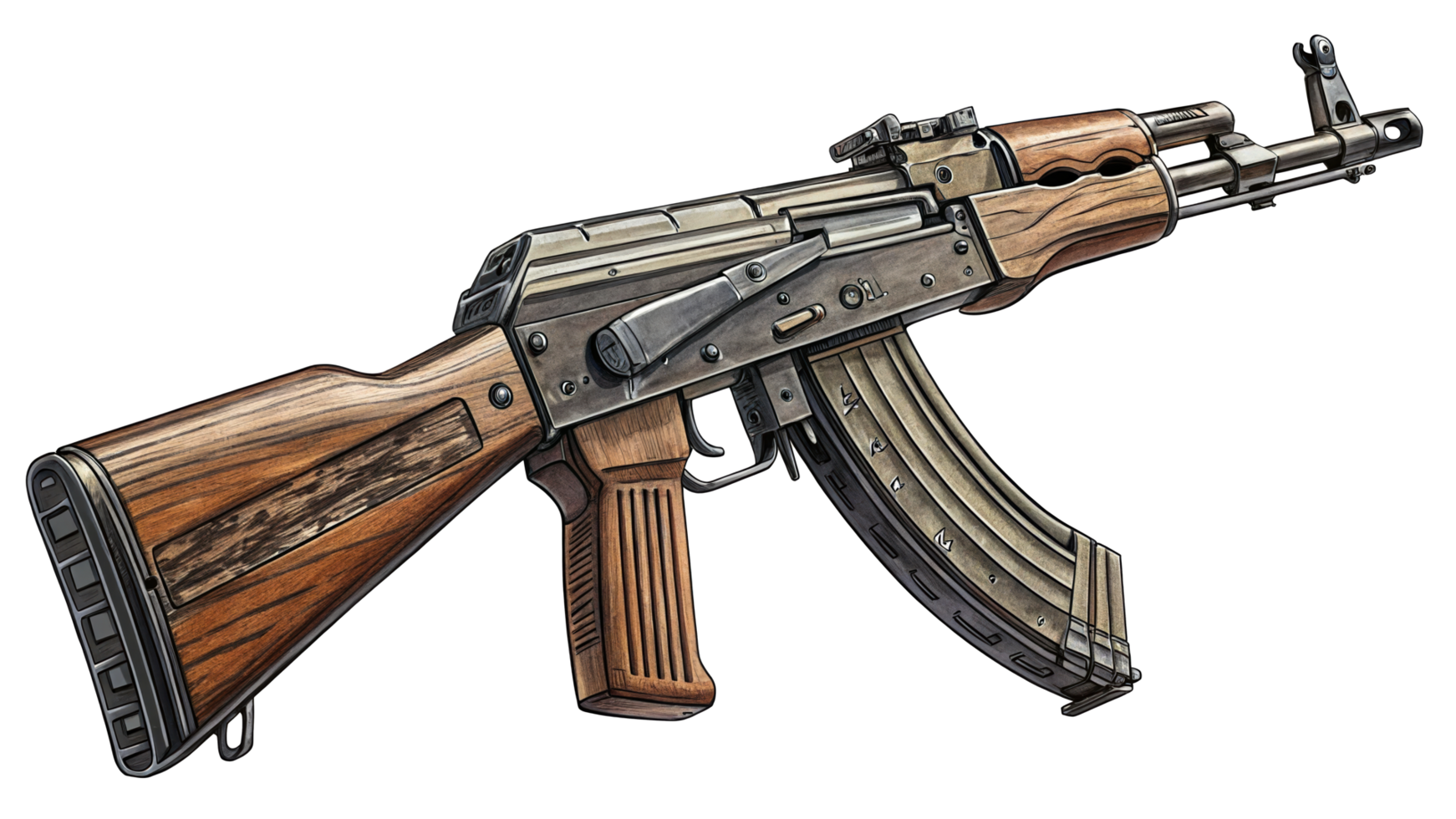 Detailed illustration of an AK-47 assault rifle showcasing wood and metal components png