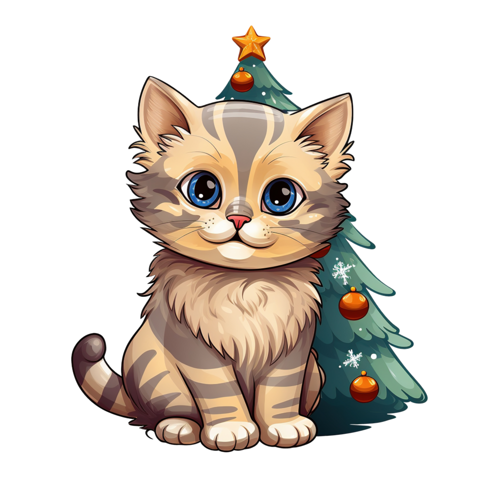 Cute Cat With Christmas Tree Illustration on Transparent Background png