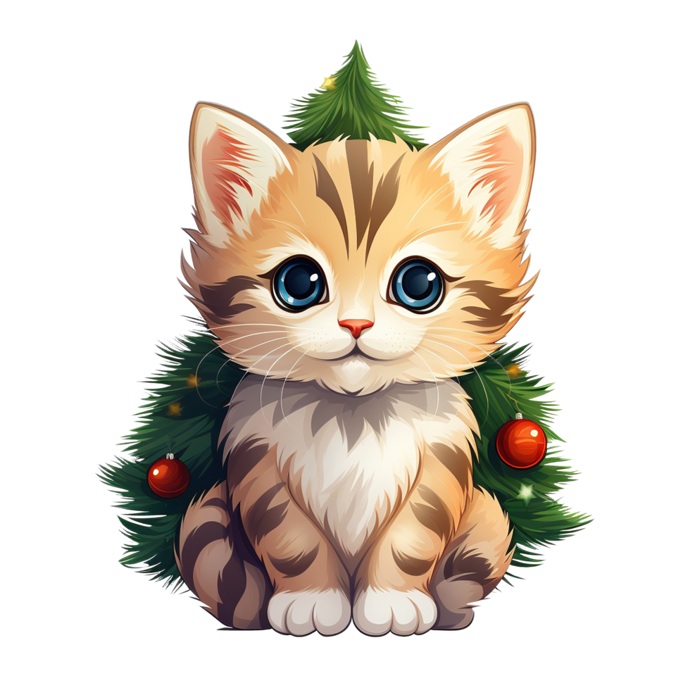 Cute Little Cat with Christmas Tree Illustration on Transparent Background png