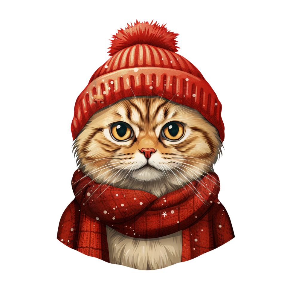 Cat Portrait in Red Cap and Muffler Illustration on Transparent Background png