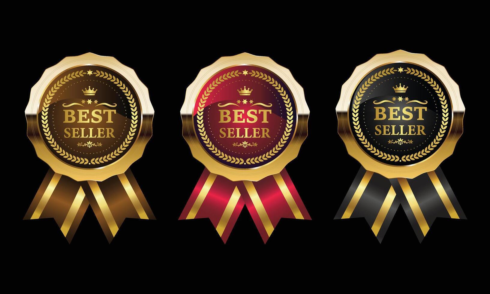 Best seller badges design, No. 1 top seller certificate. Best seller sticker and label with ribbon vector