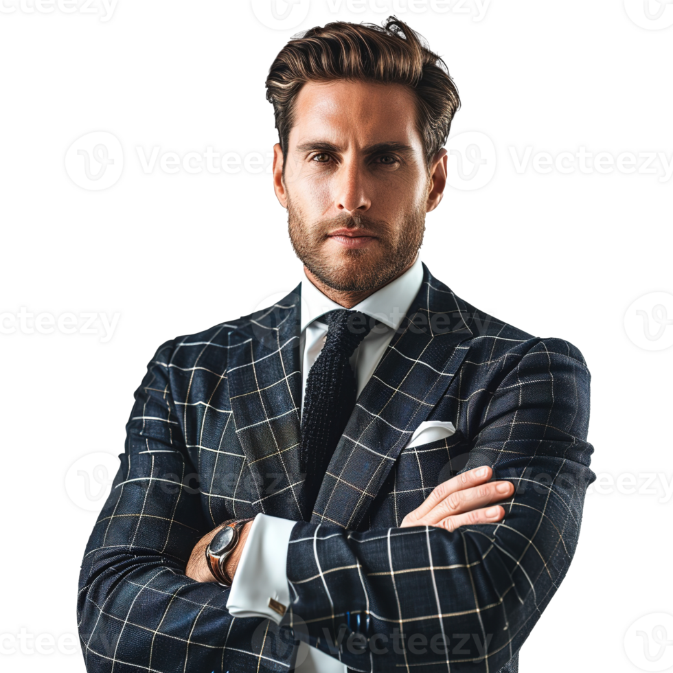 Handsome Man in Check Suit on Transparent Background png