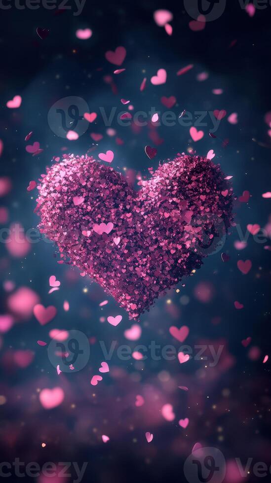 Colorful heart made of tiny hearts surrounded by pink confetti in a dreamy background photo