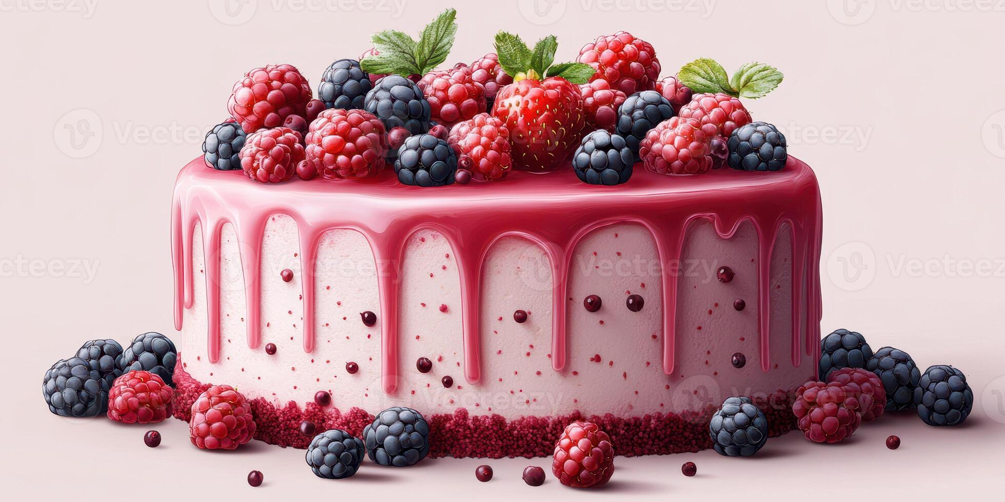 Delicious cake topped with fresh berries displayed on a light background photo