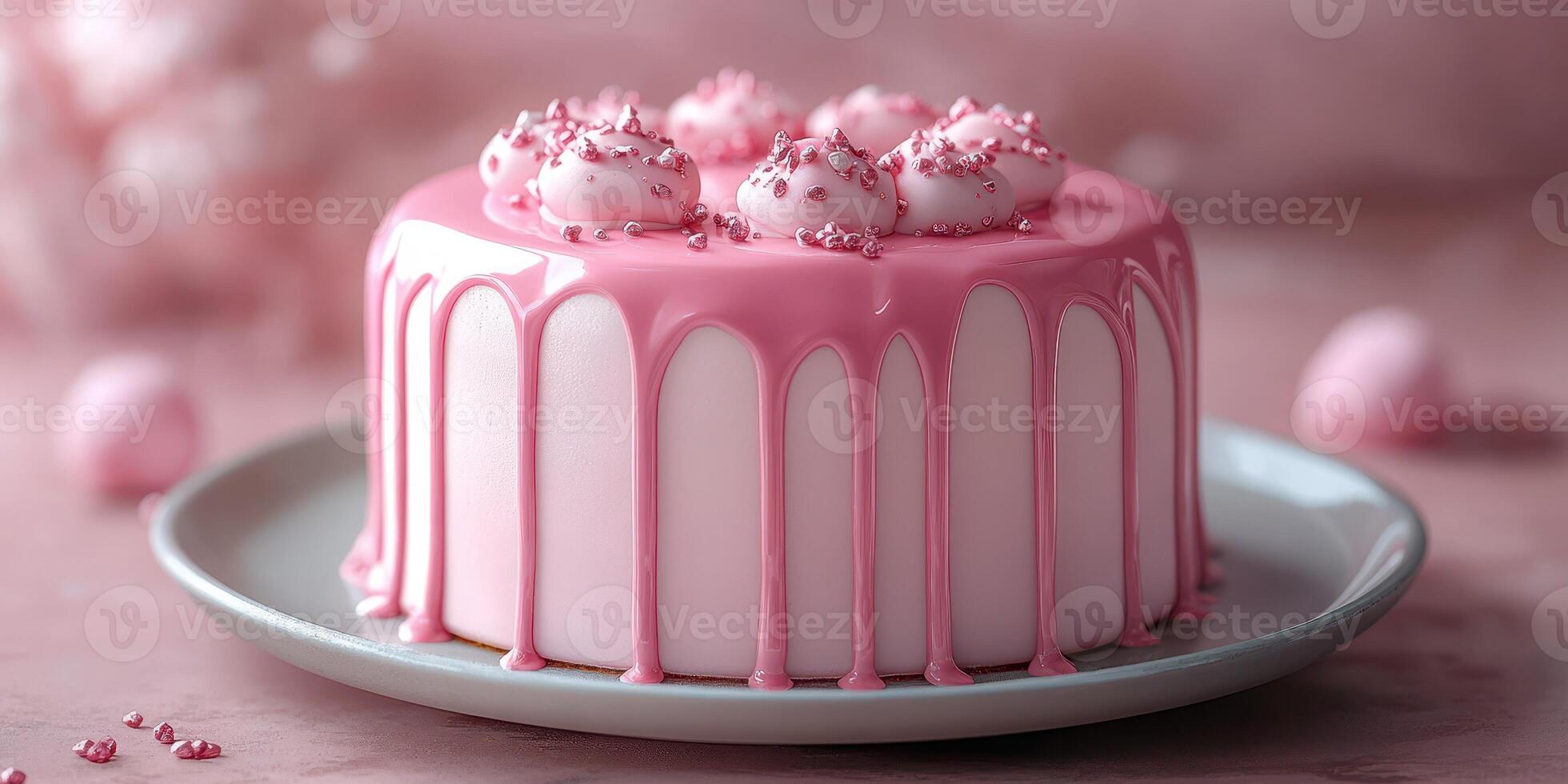 Beautiful pink cake decorated with cream and sprinkles served on a plate at a celebration party photo