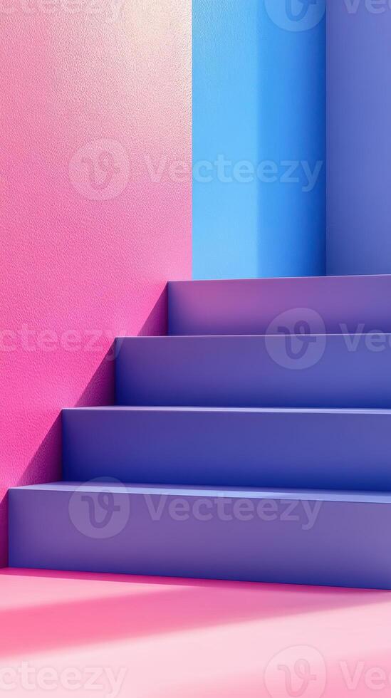 Bold color staircase design featuring pink and blue hues in a modern setting photo
