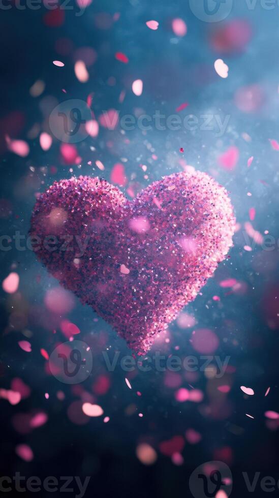 Heart-shaped glitter with pink petals floating in a dreamy atmosphere during twilight photo