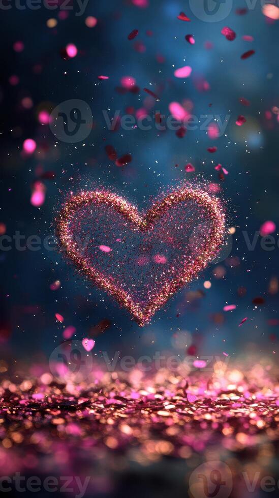 Heart shape formed by glitter and petals in a dreamy atmosphere surrounded by shimmering particles photo