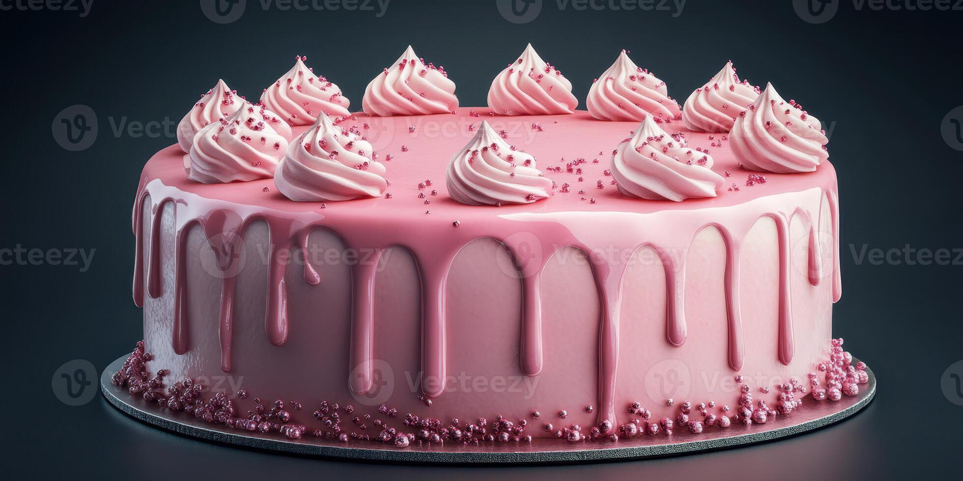 Delicious pink frosted cake with swirl toppings and decorative sprinkles on a dark background photo