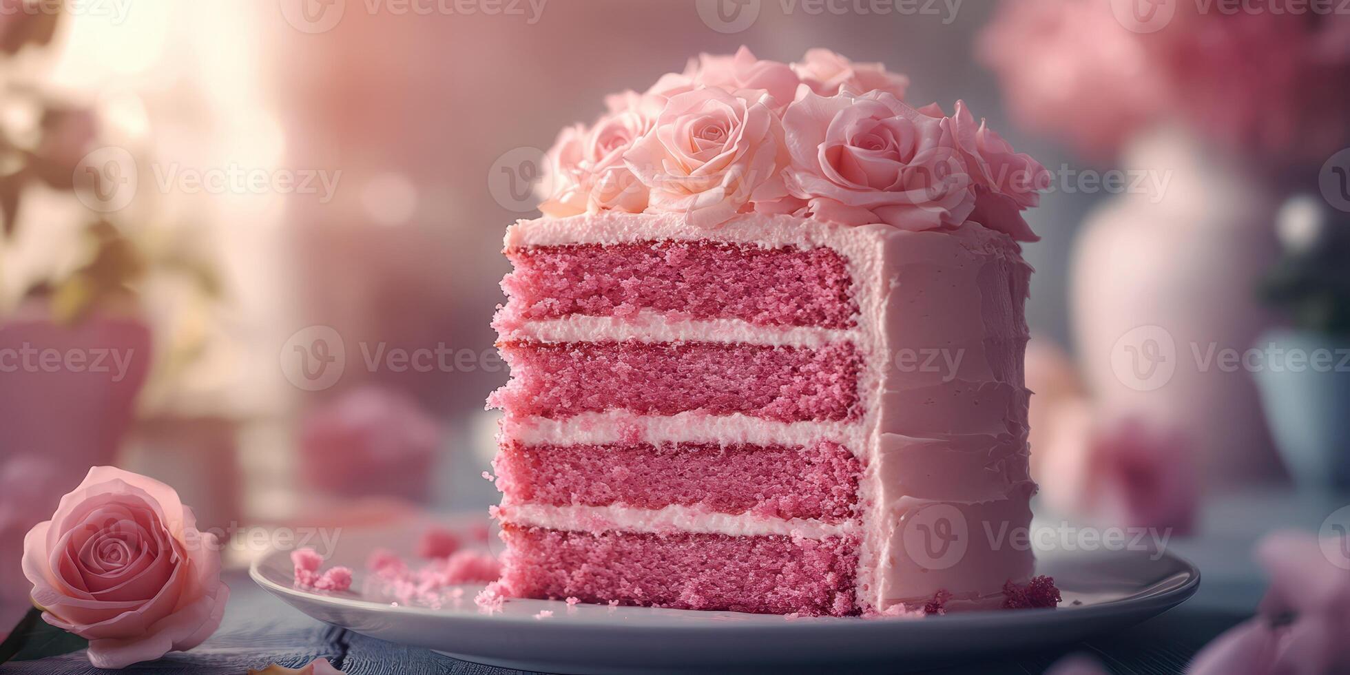 Delicate pink rose cake topped with flowers and soft icing displayed on a plate in a cozy kitchen setting photo