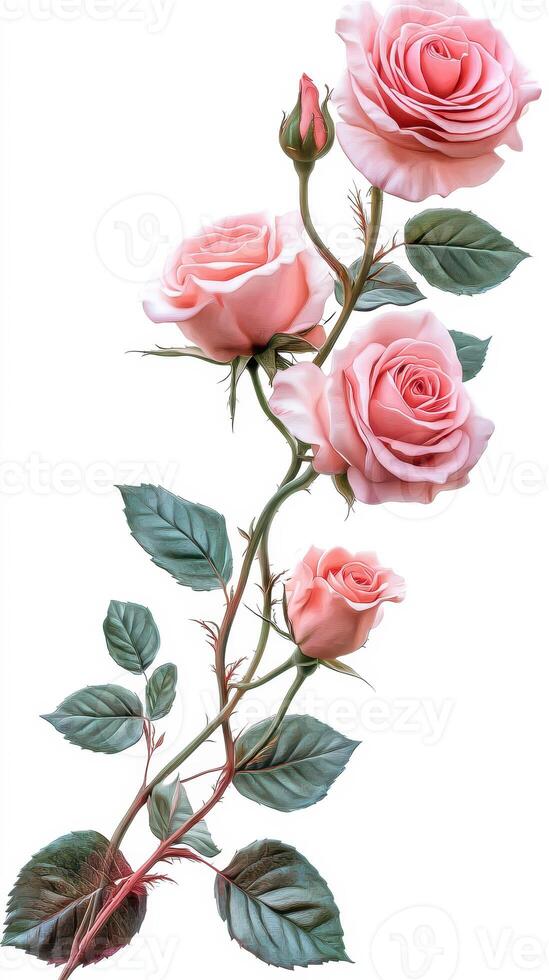 Beautiful pink roses arranged with leaves on a white background showcasing elegance and natural beauty photo