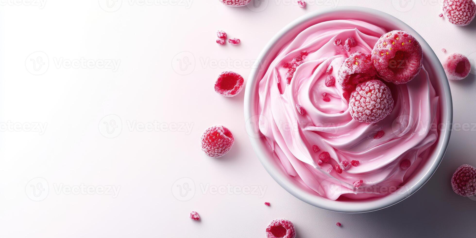 Creamy raspberry swirl dessert in a bowl surrounded by fresh raspberries on a light background photo