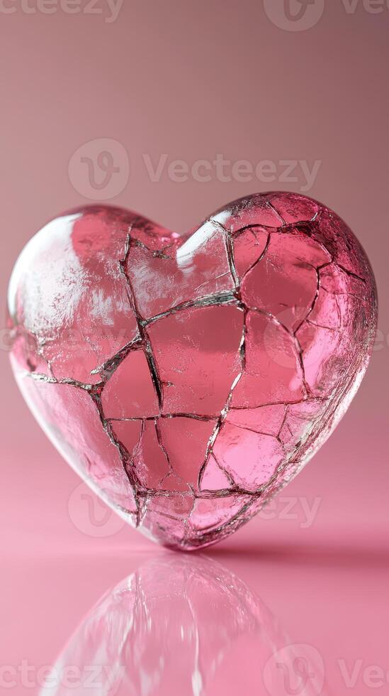 Broken heart sculpture made of glass with a pink hue resting on a reflective surface photo