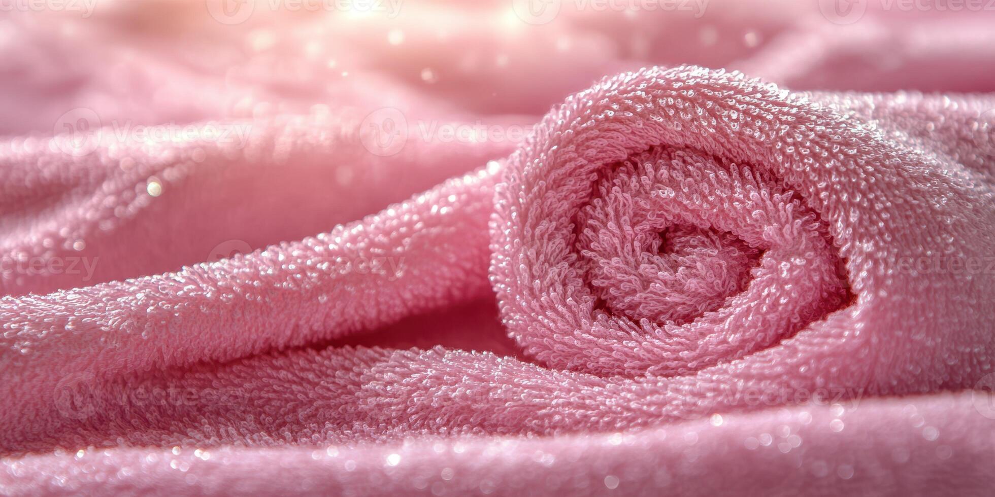 Soft pink towel elegantly rolled on a surface with sparkling light reflecting during a relaxing day at home photo