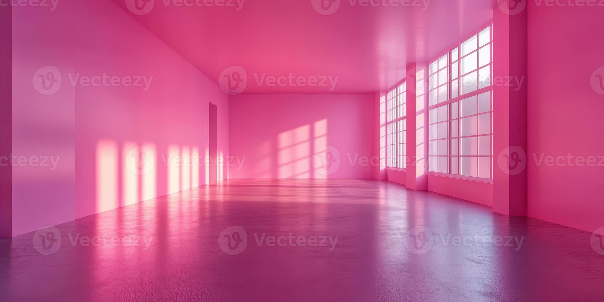 Bright pink interior space with large windows and soft light during the day photo