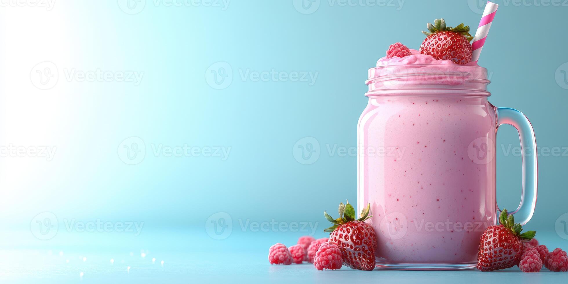 Refreshing raspberry smoothie served in a glass jar with fresh strawberries on a blue background during a sunny day photo