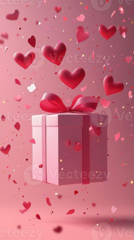 Valentine gift box surrounded by floating hearts and colorful confetti in a soft pink background photo