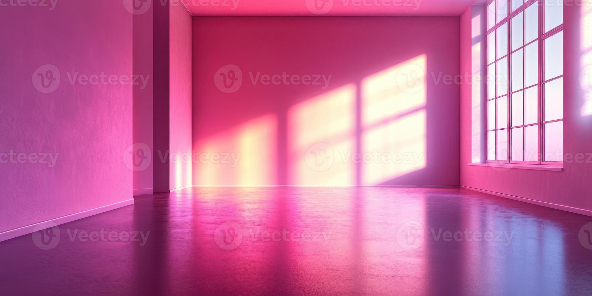 Bright pink interior space with large windows allowing natural light during the day photo