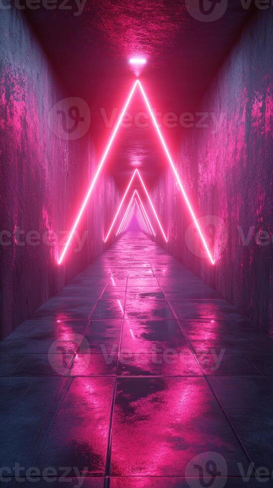 Neon-lit corridor with reflective floor creating an immersive atmosphere photo