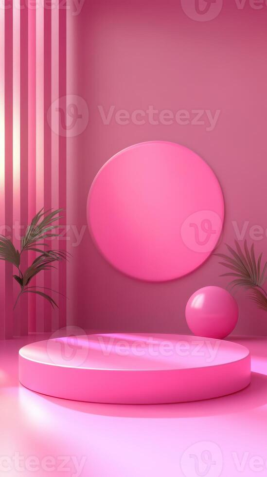 Bright and bold pink studio space with circular display and geometric shapes designed for creative photo sessions
