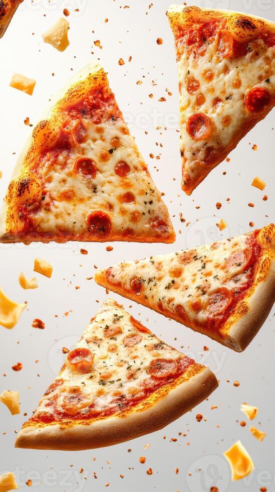 Slices of pepperoni pizza hovering mid-air with scattered cheese and crumbs in bright light photo