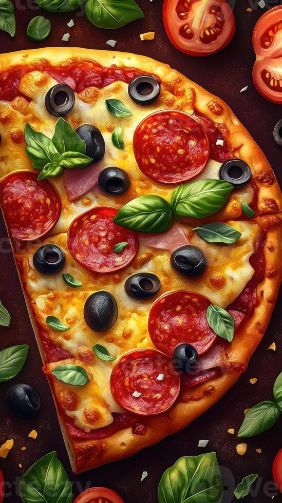 Delicious pepperoni pizza topped with olives and fresh basil ready to be enjoyed on a wooden table photo