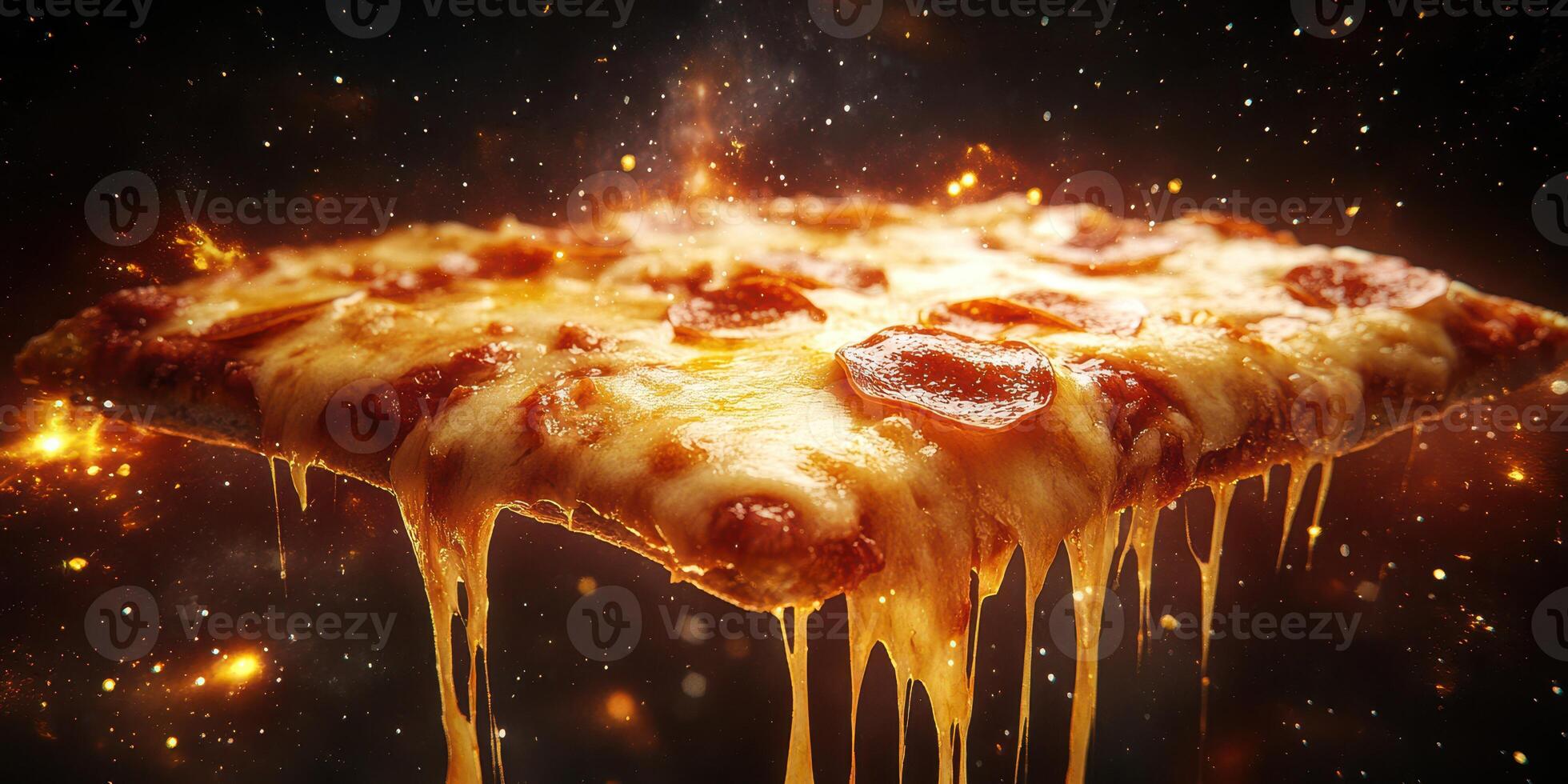 Delicious pepperoni pizza glistening with melted cheese surrounded by a cosmic backdrop photo