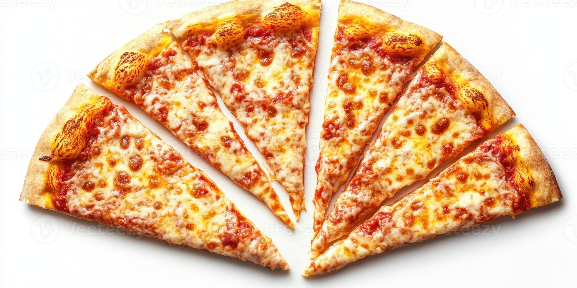 Delicious freshly baked cheese pizza sliced into perfect triangular pieces for sharing photo