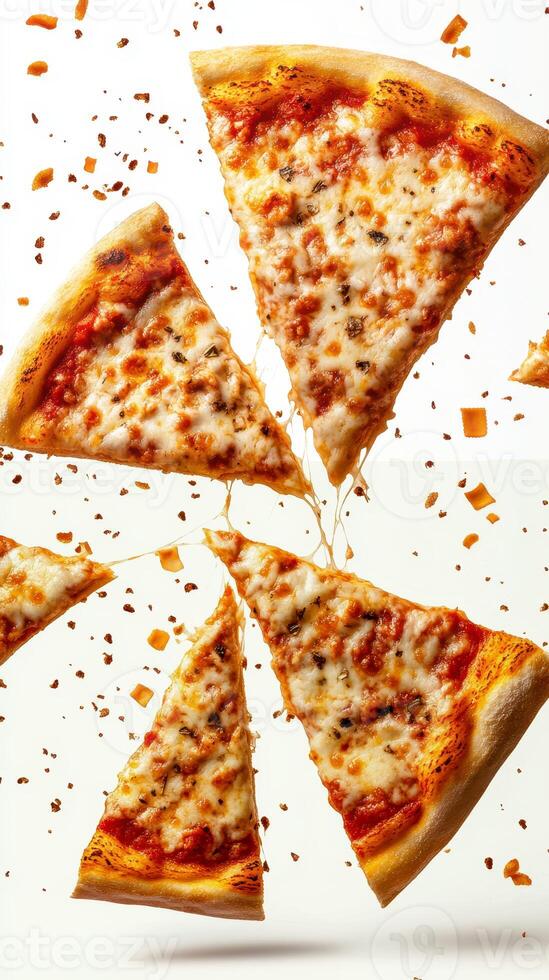 Delicious cheese pizza slices floating against a plain background with toppings and cheese pulling apart in the air photo