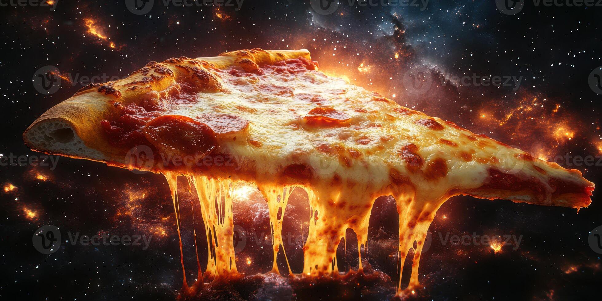 Slice of pizza floating in a cosmic backdrop with melting cheese and pepperoni details photo
