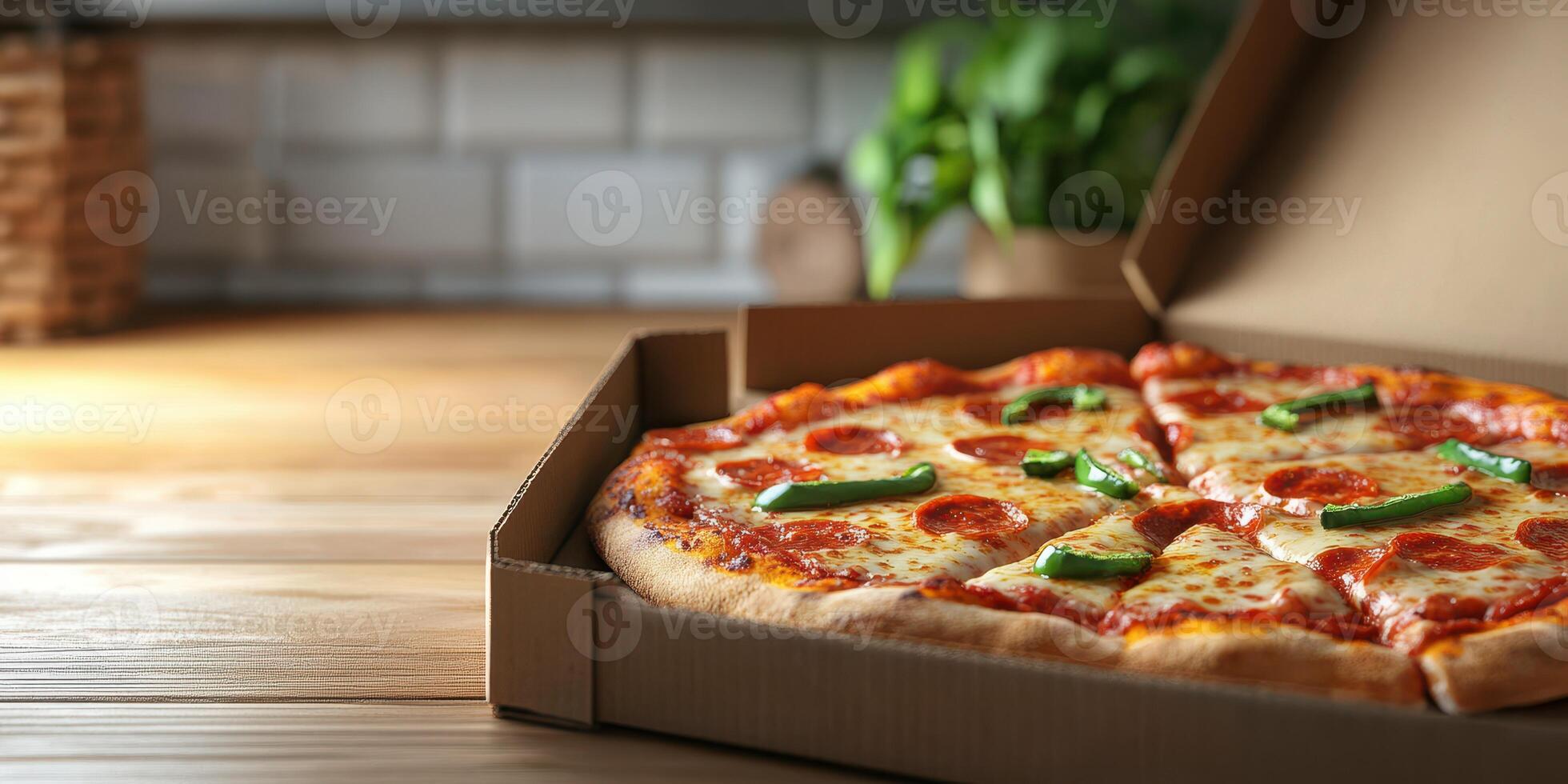 Delicious pepperoni pizza with green peppers in an open box on a wooden table photo