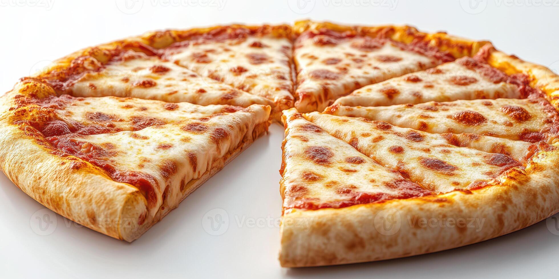 Freshly baked cheese pizza with a crispy crust sliced into equal pieces ready to serve photo