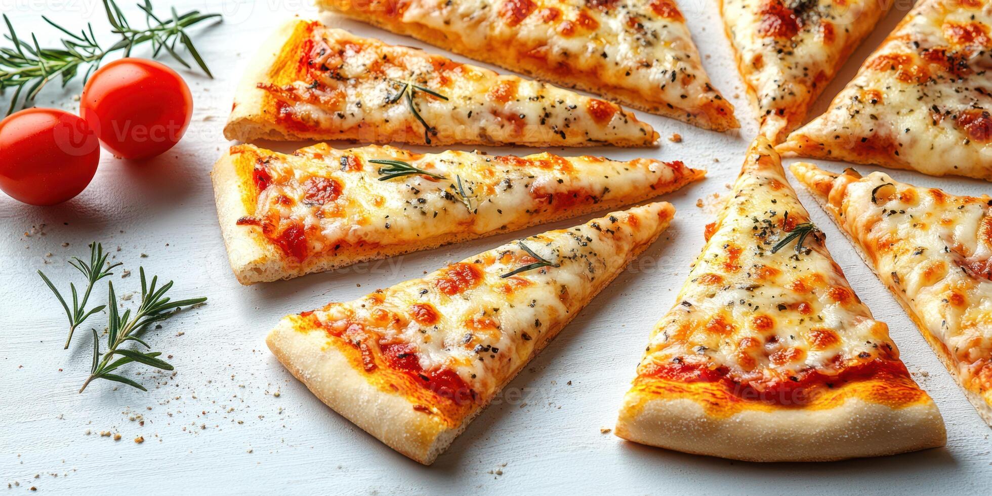 Delicious pizza slices garnished with fresh herbs and tomatoes ready to serve in a vibrant kitchen setting photo
