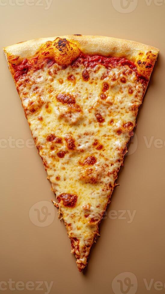 Delicious slice of cheese pizza with golden crust and rich tomato sauce on a neutral background photo