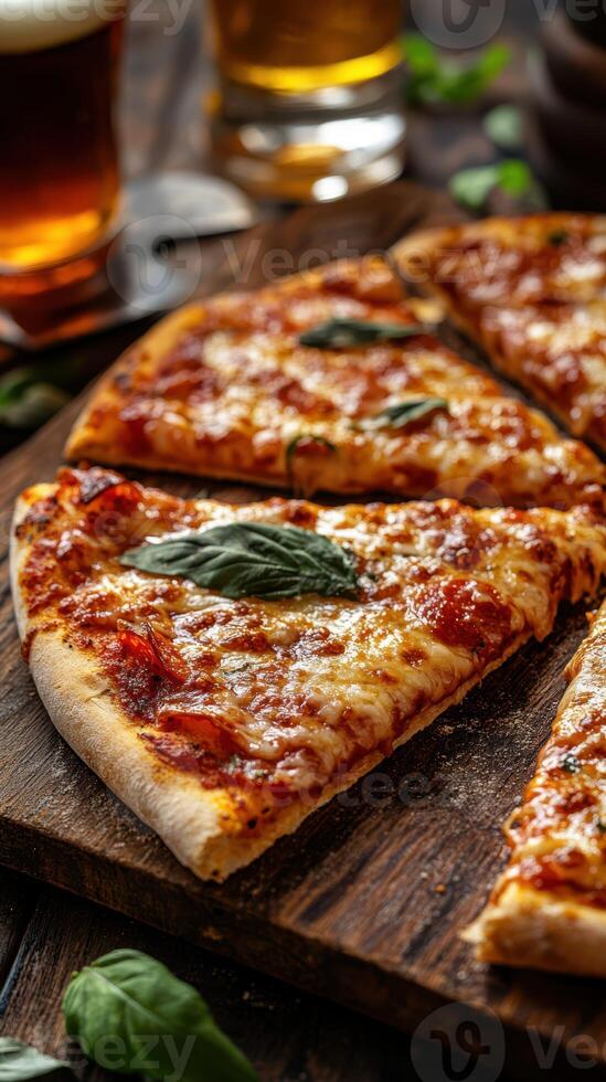 Freshly baked pizza slices topped with basil on a wooden serving board in a cozy restaurant setting photo