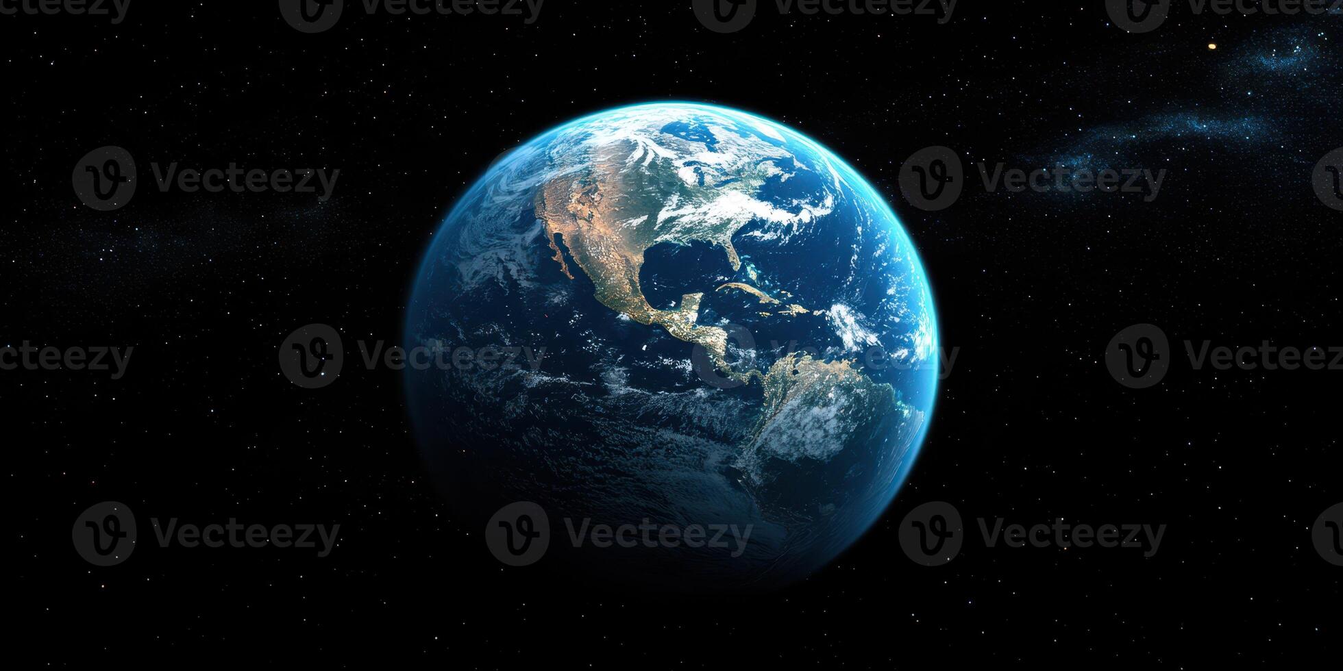 Earth viewed from space showcasing vibrant colors and vast oceans while stars twinkle in the background photo
