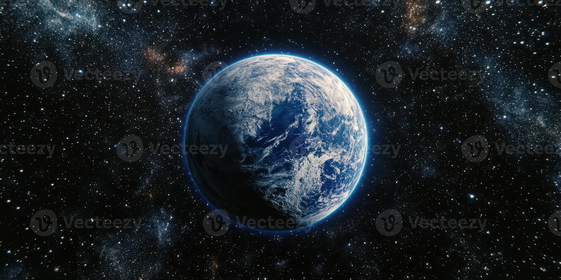 Earth viewed from space displaying its blue oceans and swirling clouds against a backdrop of stars and galaxies photo