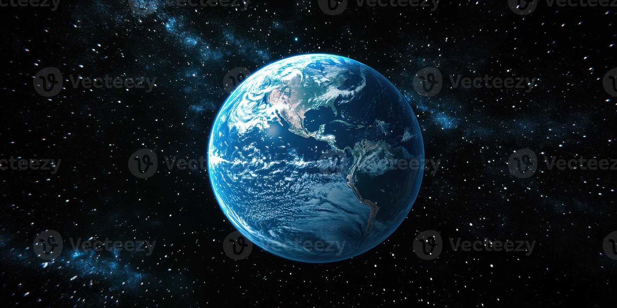 Earth viewed from space against a backdrop of stars and galaxies during a clear cosmic night photo