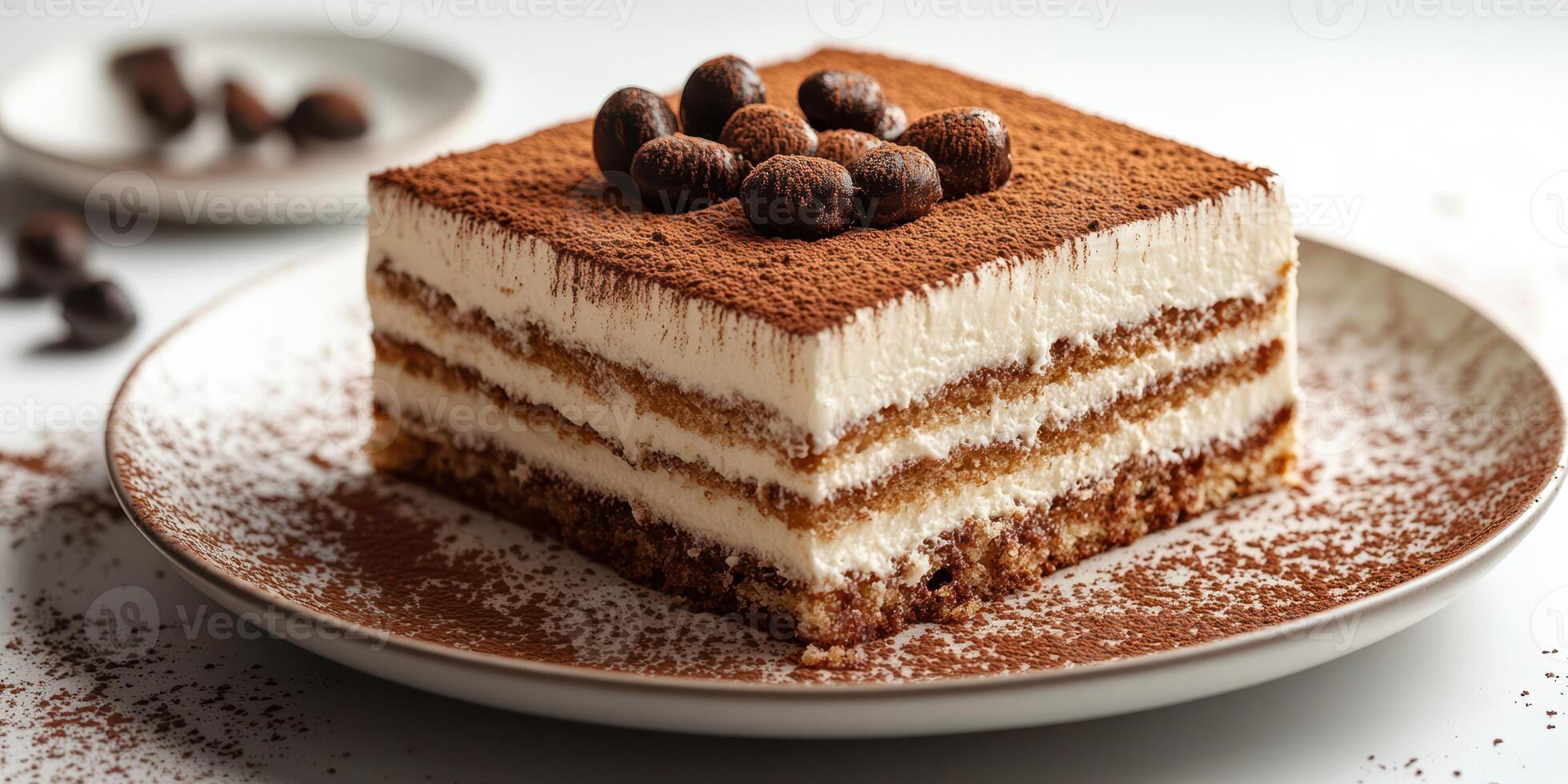Delicious tiramisu cake served on a plate with coffee beans and cocoa powder sprinkled on top photo