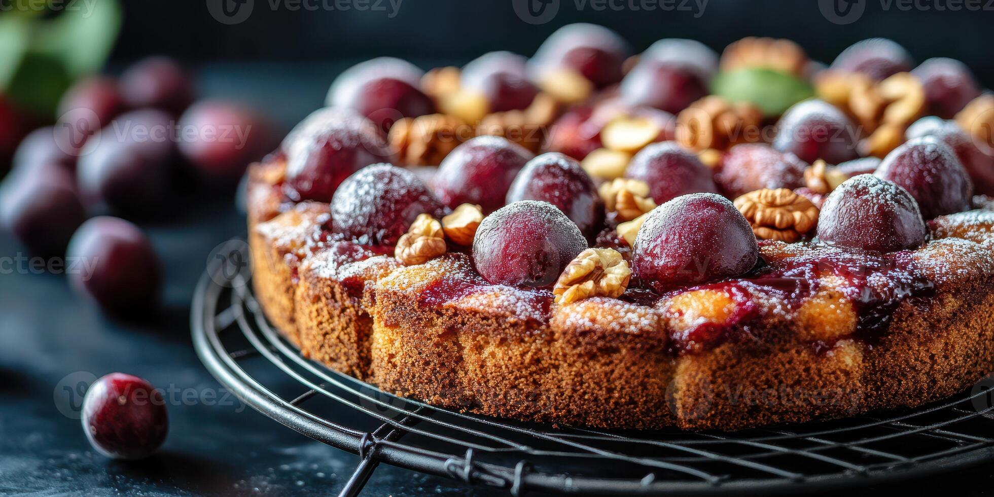 Delicious homemade cherry and walnut cake with a glossy glaze served on a cooling rack photo