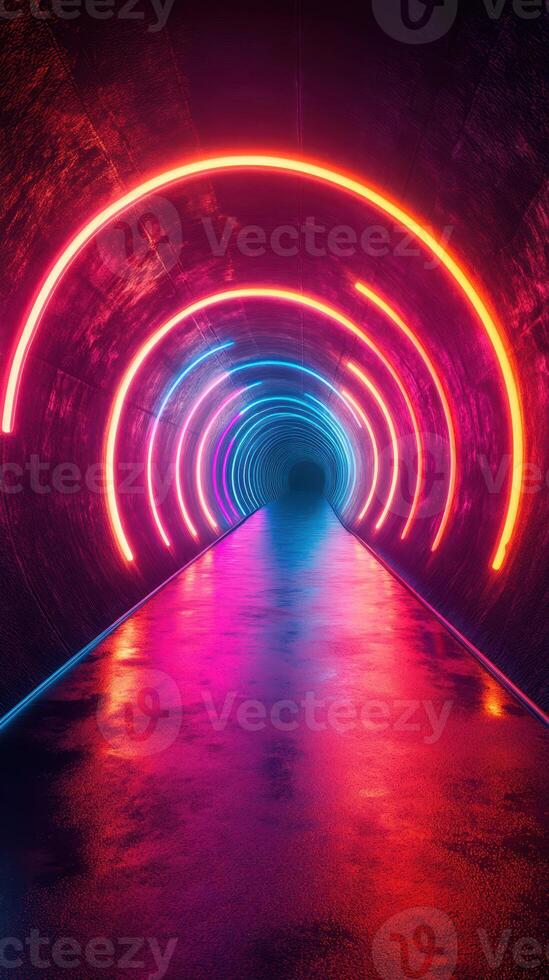 Colorful neon lights illuminate a tunnel creating a vibrant and futuristic atmosphere at night photo