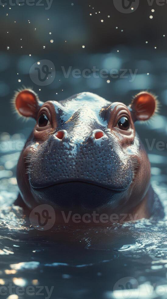 Hippo emerges from sparkling water in a tranquil setting, showcasing the animal's calm demeanor and playful nature during midday photo