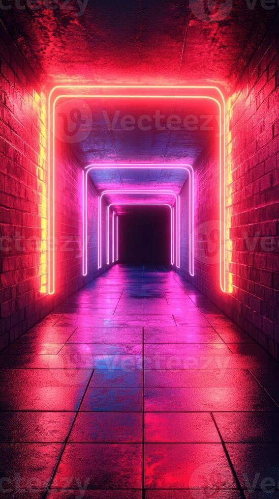 Futuristic corridor illuminated by vibrant neon lights with reflections on glossy floor surface photo